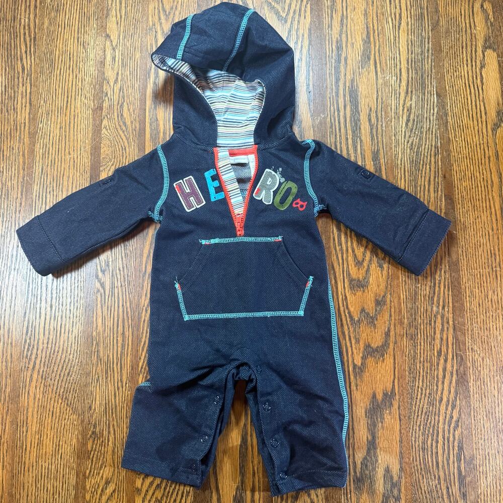 First Impressions Baby Denim Style Romper Snap Closure 1/4 Zip Hero Graphic 0-3M